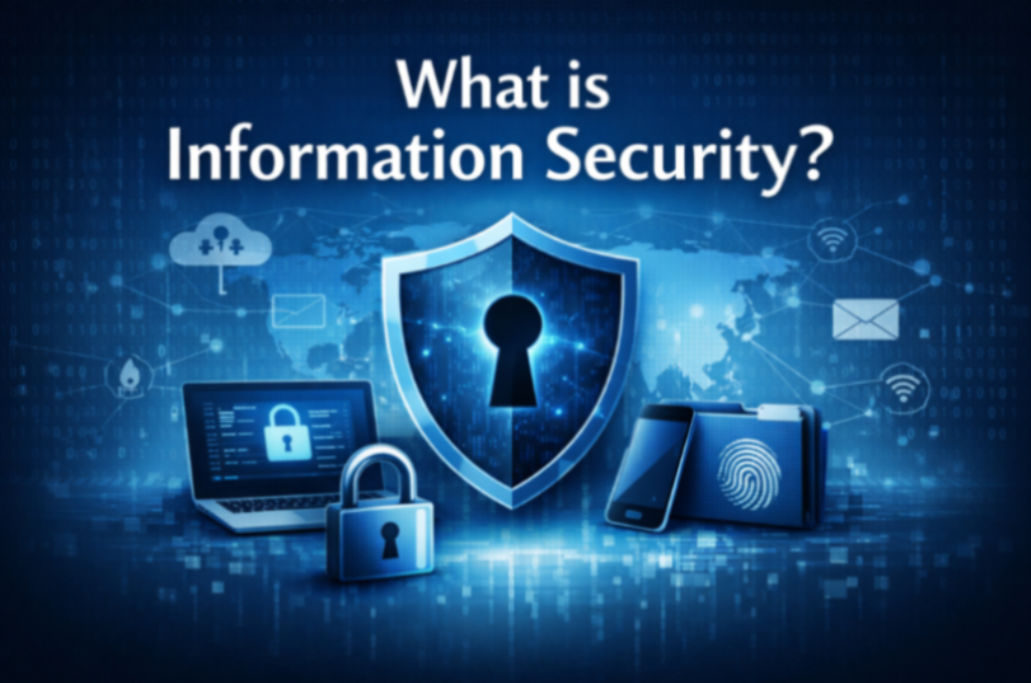 Picture of electronic devices and a shield with a lock in the middle.